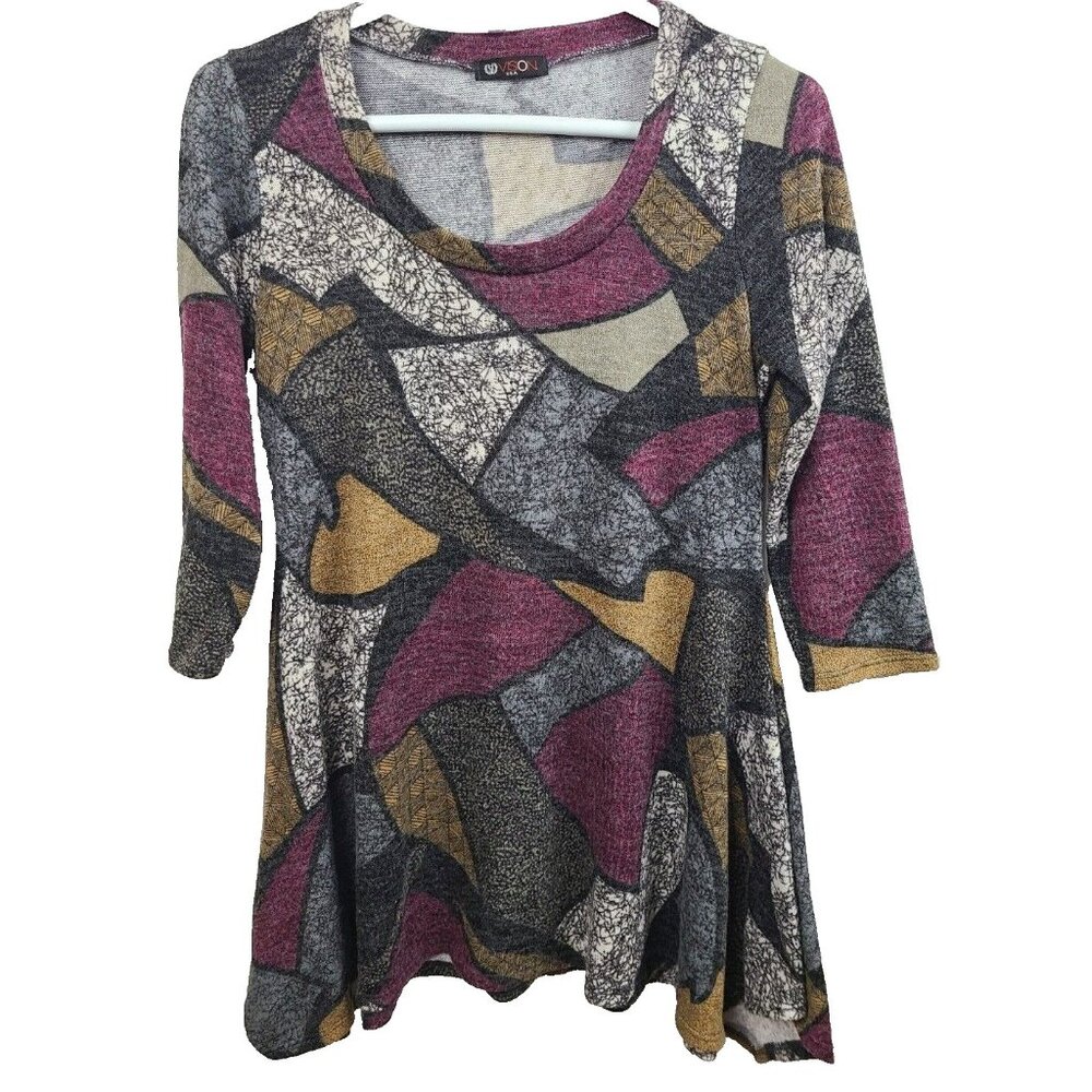 Vision Womens Artsy Tunic Top Small Purple Gray Abstract 3/4‎ Sleeve Sharkbite